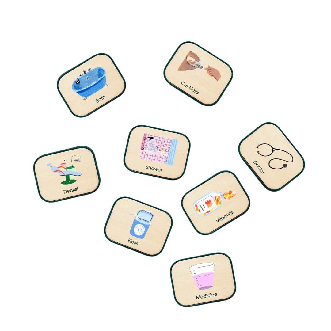 Set of eight routine picture tiles for children for Charmspring Springboards. Bella Luna Toys 