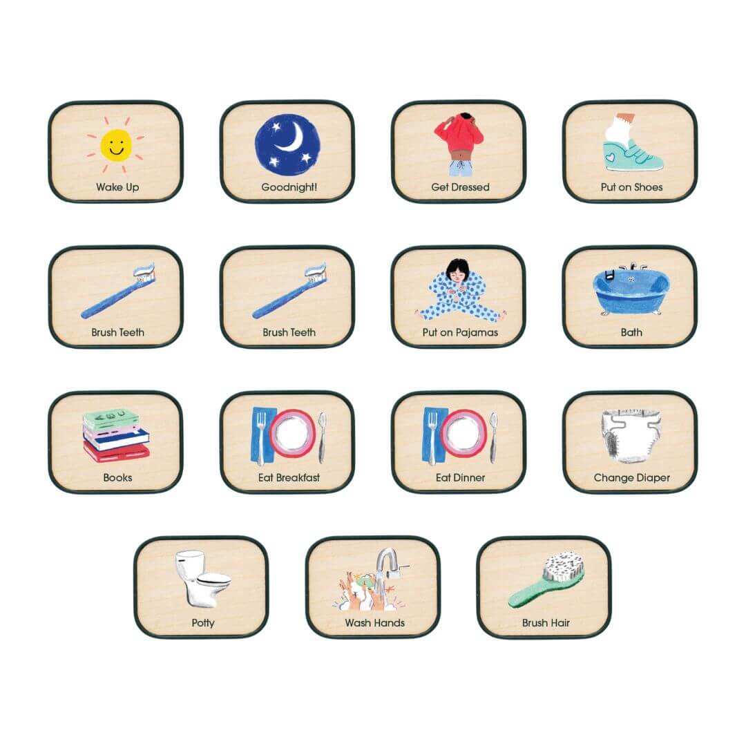 Set of  Charmspring morning and night routine picture tiles displayed on a light background, including icons for waking up, getting dressed, brushing teeth, bathing, meals, toilet, handwashing, and bedtime. Bella Luna Toys
