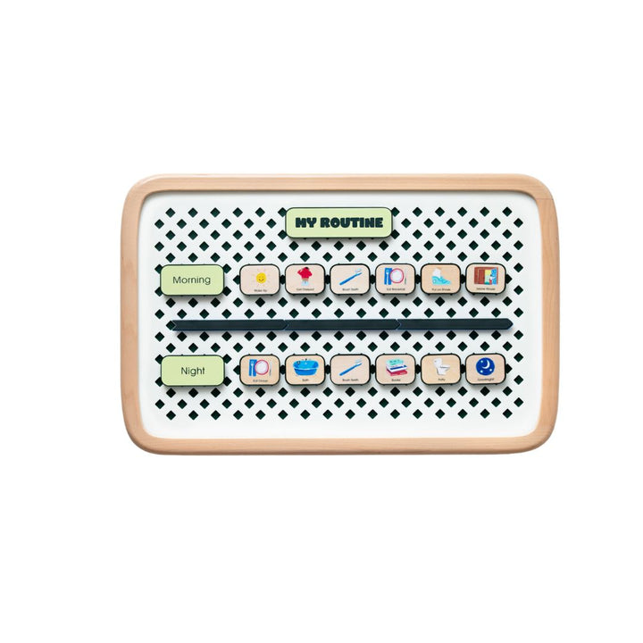 Small Charmspring visual routine board displaying morning and night picture tiles arranged on a patterned backing, shown on a white background. Bella Luna Toys