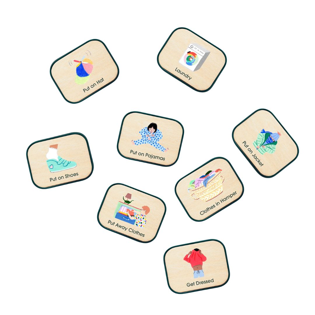 Set of eight routine picture tiles for children for Charmspring Springboards. Bella Luna Toys 