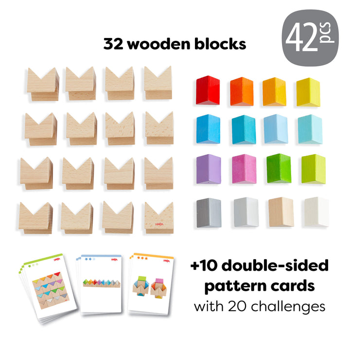 Colorful Triangle Wooden Block Game has 42 pieces, 32 wooden blocks and 10 double-sided pattern cards with 20 challenges
