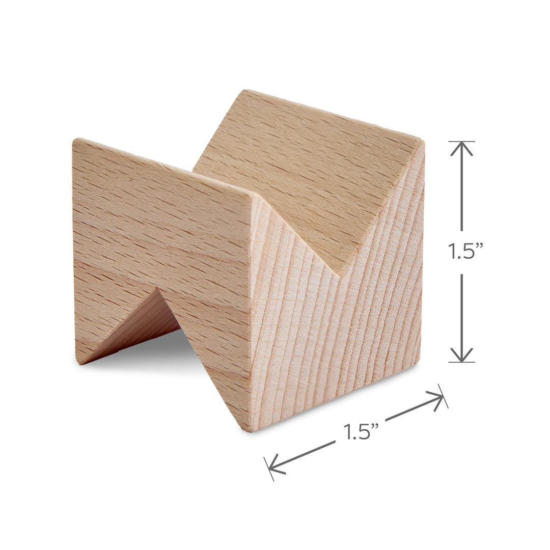 A wooden zigzag-shaped block measuring 1.5 inches in height and width.