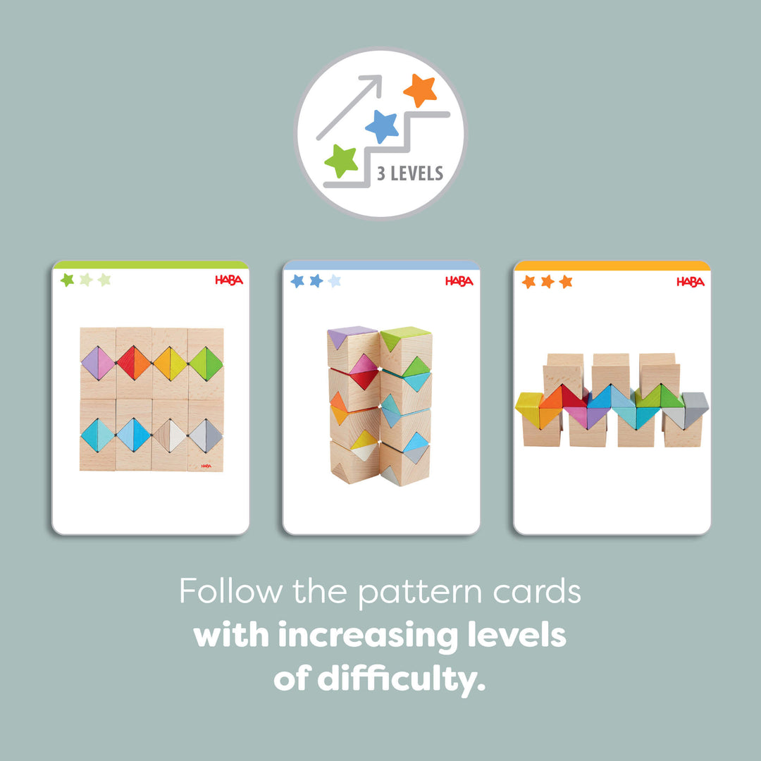Three pattern cards with varying difficulty levels and colored block patterns, alongside text about increasing difficulty.