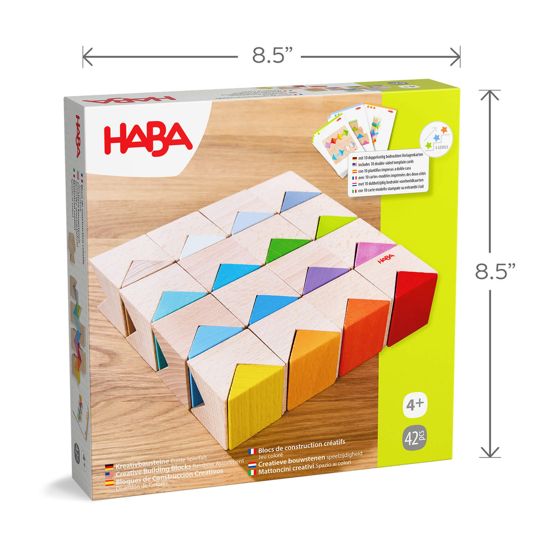 Colorful Triangle Wooden Block Game box measures 8.5 inches in height and width.
