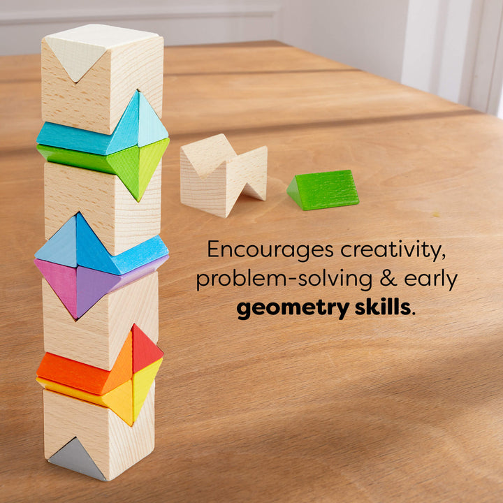 A stack of colorful wooden blocks on a wooden surface with text promoting creativity and early geometry skills.
