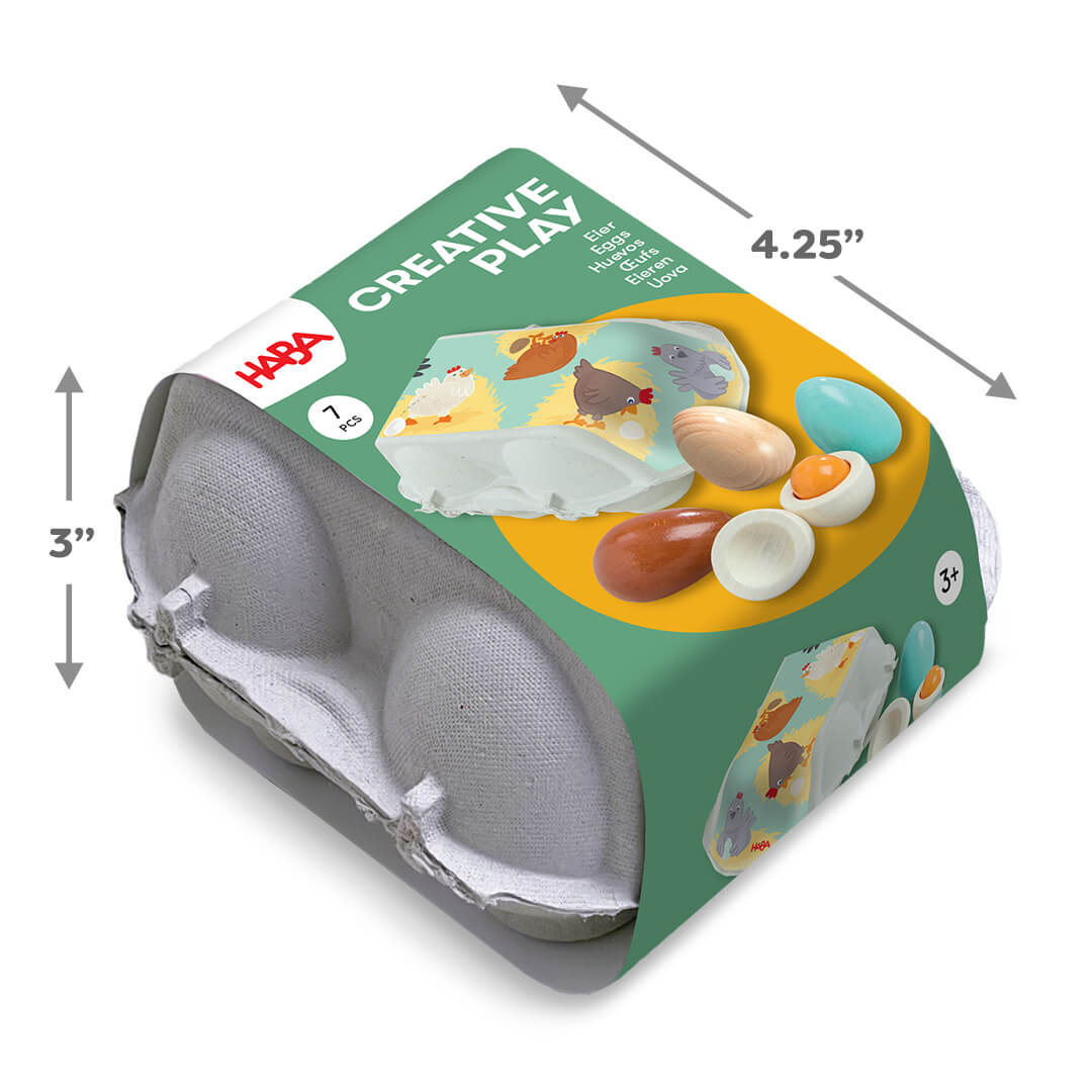 HABA Creative Play – Wooden Eggs Play Food Set packaging with dimensions and product image on a white background