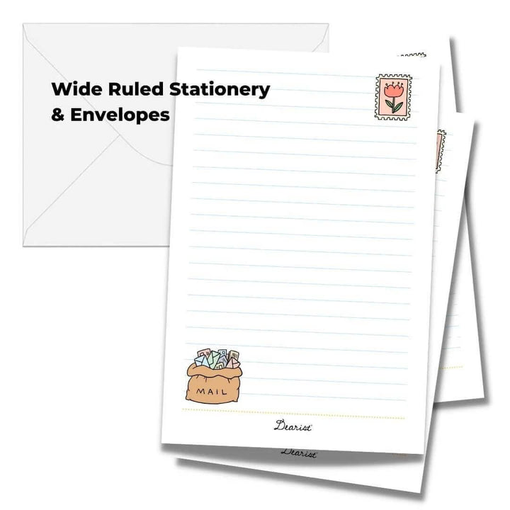 Wide ruled stationery with envelope and decorative stamp on a white background