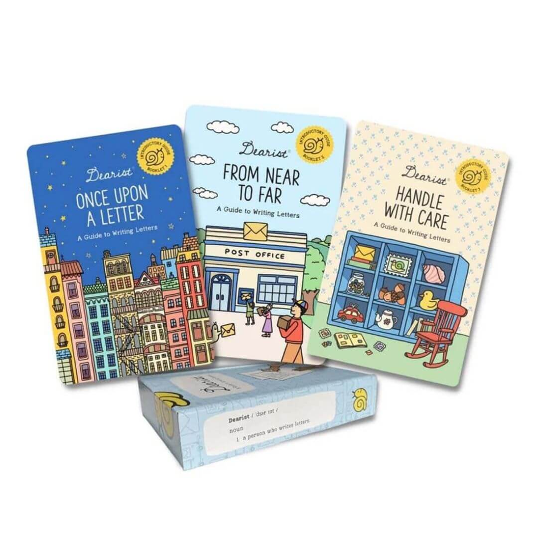 Three illustrated cards writing letters set are displayed above their matching storage box on a clean white background - Bella Luna Toys