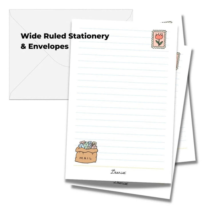 Little Dearist wide ruled stationery set with lined writing paper, playful mail illustrations, and coordinating white envelopes - Bella Luna Toys