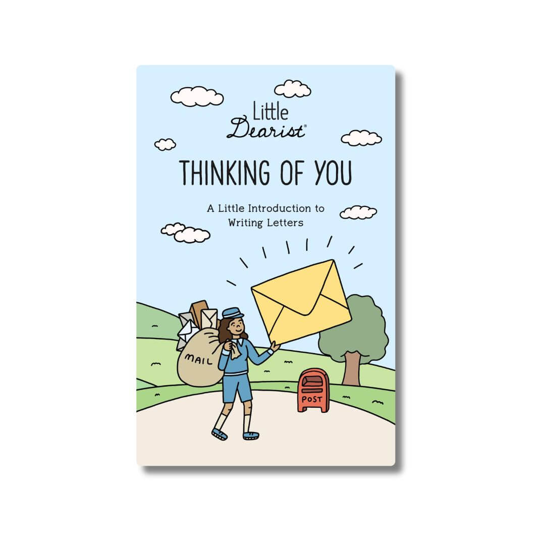 Little Dearist Thinking of You letter writing book for children ages 3 and up, featuring an illustrated mail carrier and yellow envelope on the cover - Bella Luna Toys