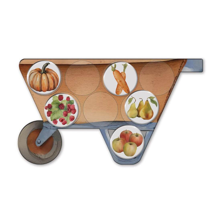 Cardboard game board cart with wheels featuring illustrations of fruits and vegetables on round plates.