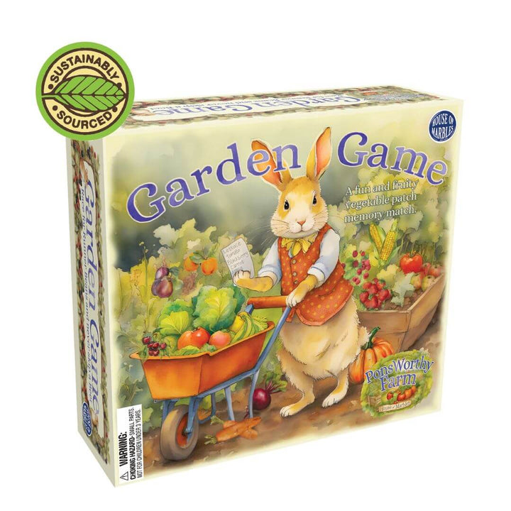 Board game box titled 'Garden Game' with a rabbit character and vegetables on a white background.
