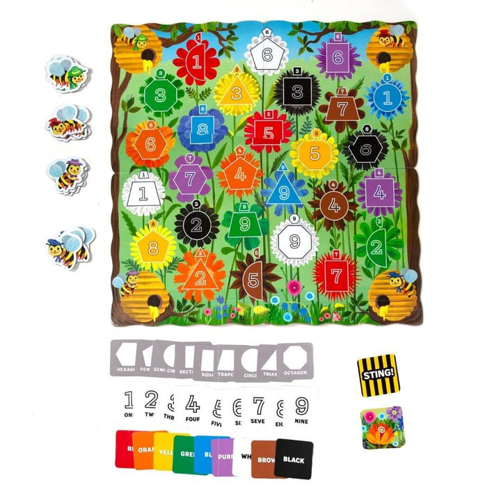 Colorful educational board game, Busy Bee from eeBoo, with numbers and shapes on a white background.
