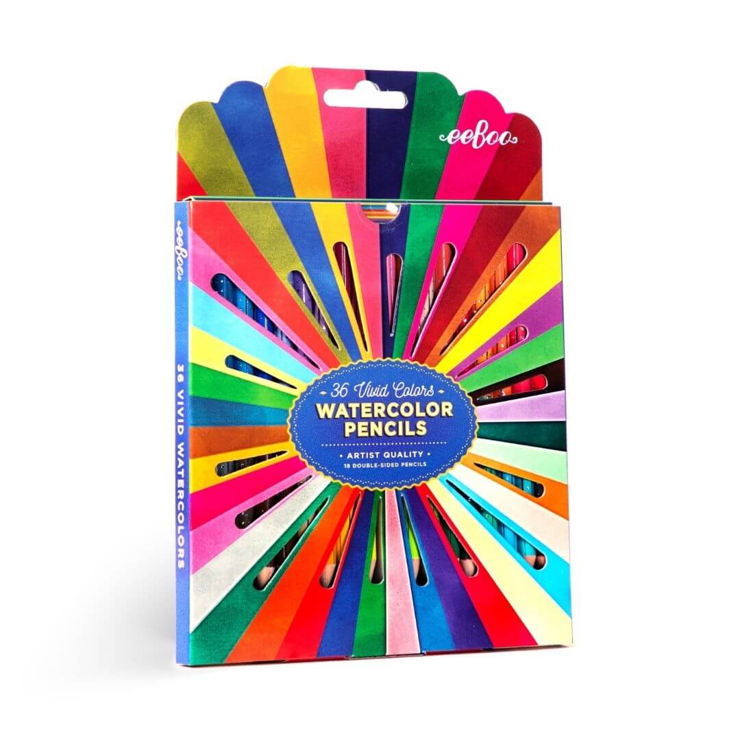 Colorful packaging of 36 watercolor pencils from eeBoo.