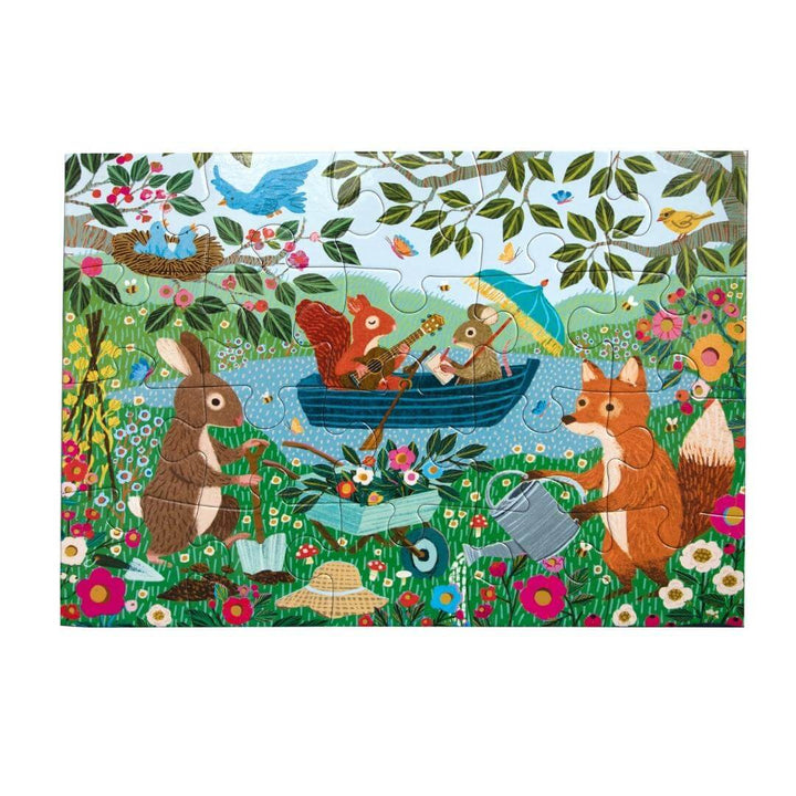 Completed eeBoo Garden Animals 20-Piece Puzzle showing illustrated woodland creatures like rabbits, squirrels, and foxes in a colorful garden scene on a white background.