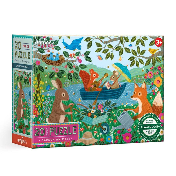 Box of eeBoo Garden Animals 20-Piece Puzzle showing illustrated woodland creatures like rabbits, squirrels, and foxes in a colorful garden scene.