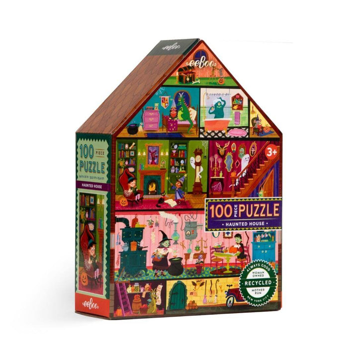 eeBoo's Haunted House 100-piece Halloween puzzle in a house-shaped box with colorful illustrated rooms, ghosts, and playful spooky characters.