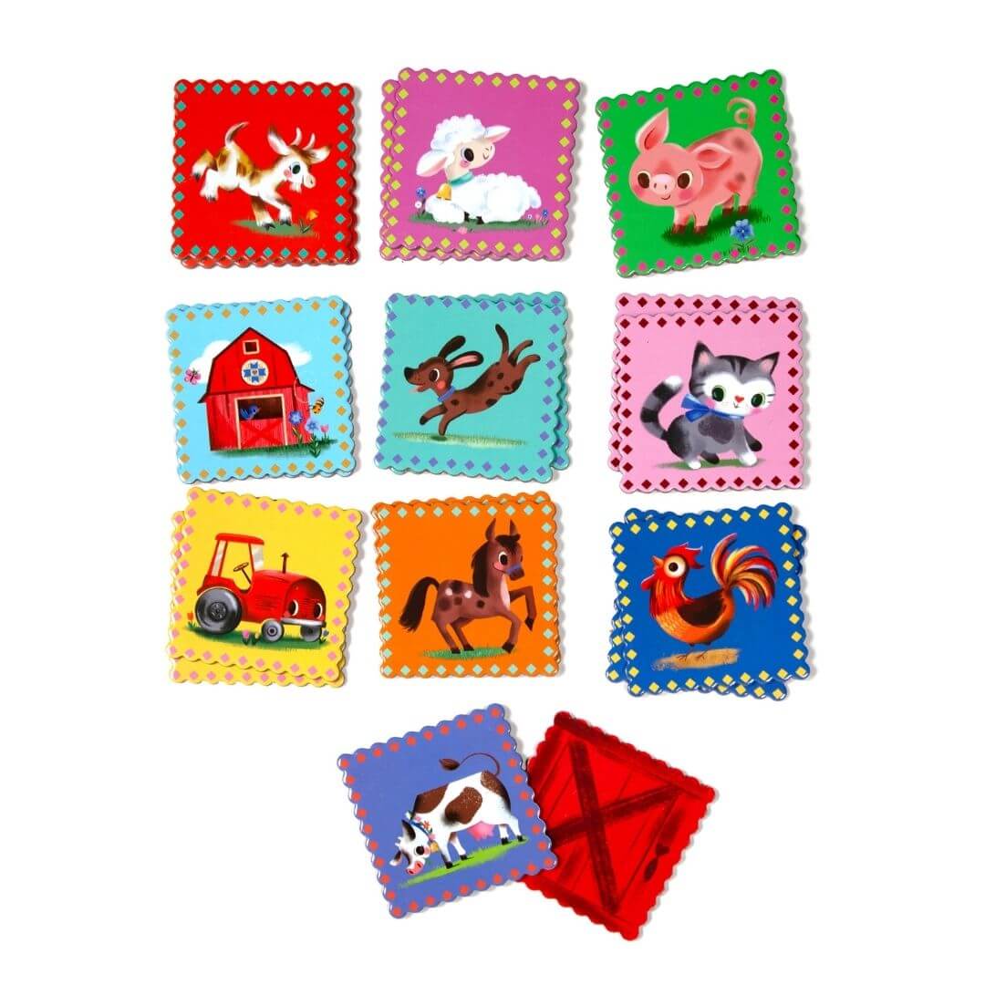 Cards from the eeBoo Little Farm Memory & Matching Game featuring farm animals and features.
