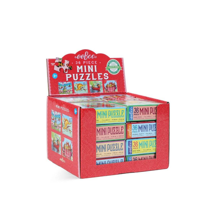 Display of eeBoo mini puzzles packaging on a white background