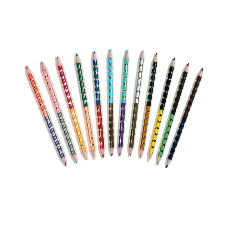 Set of 12 double-sided EeBoo Mushroom Colored Pencils arranged in a fan shape, showing 24 vibrant metallic and fluorescent colors with silver foil designs on a white background.