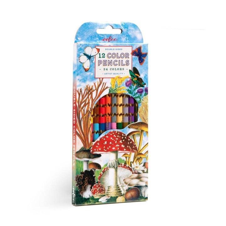 EeBoo Mushroom Colored Pencil Set in illustrated box featuring mushrooms and butterflies. Includes 12 double-sided pencils with 24 metallic and fluorescent colors.