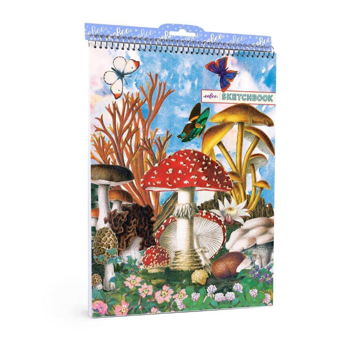 eeBoo Mushroom Sketchbook featuring vibrant mushroom and butterfly collage artwork by Fumiha Tanaka. Spiral-bound pad with 60 matte pages, designed for kids’ art projects, drawing, and creative play.