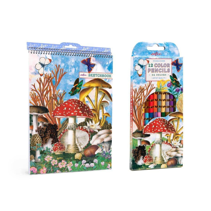 eeBoo notebook and color pencils with mushroom design on a white background