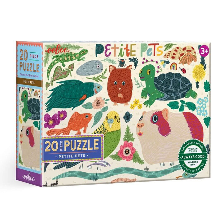 eeboo Petite Pets 20 piece puzzle featuring drawings of cute pets.