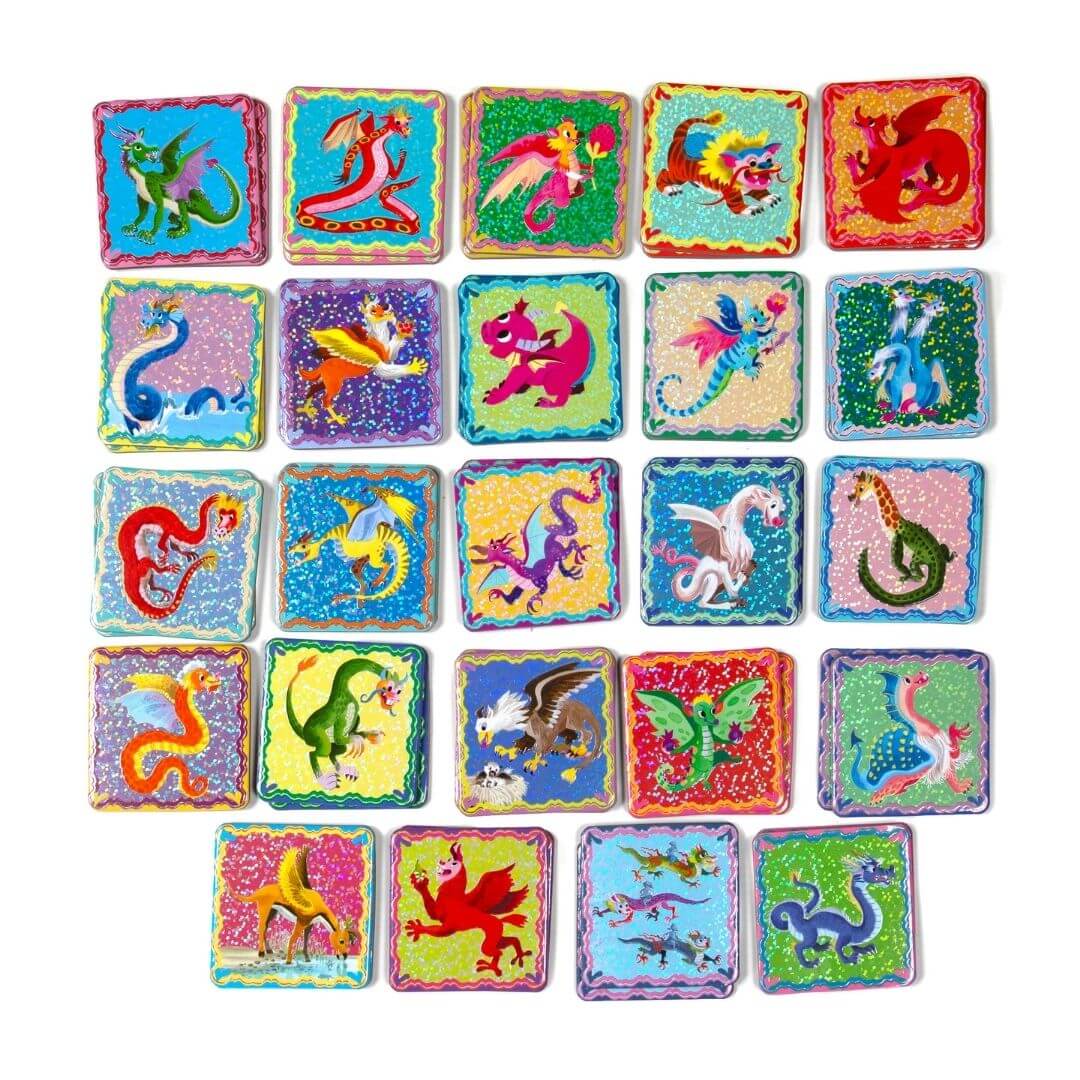 Colorful matching game cards from eeBoo's Shiny Dragon Matching Game.
