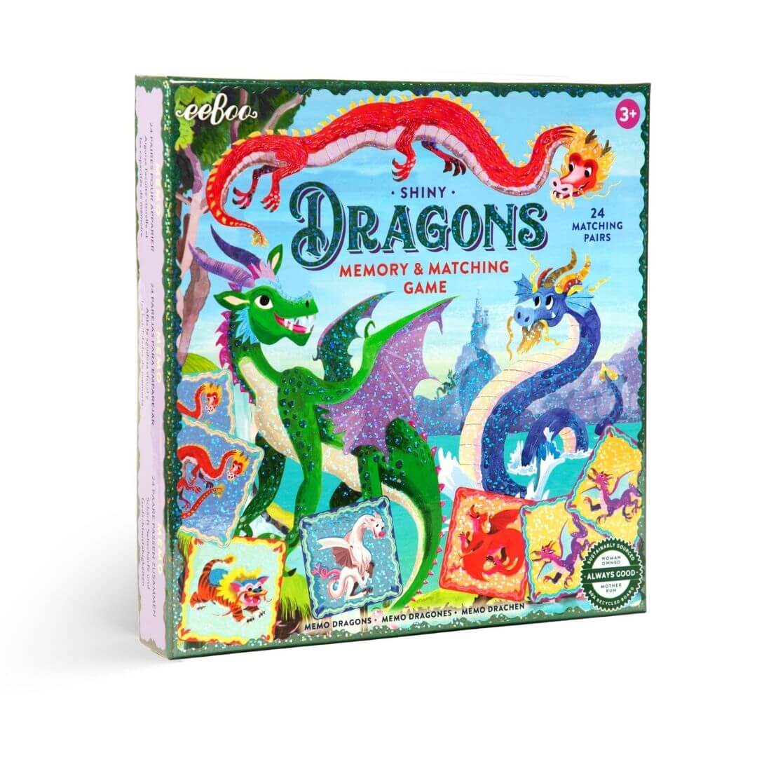 eeBoo Shiny Dragons memory and matching game box with colorful dragons on a white background