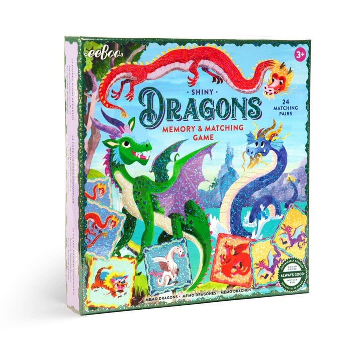 eeBoo Shiny Dragons memory and matching game box with colorful dragons on a white background