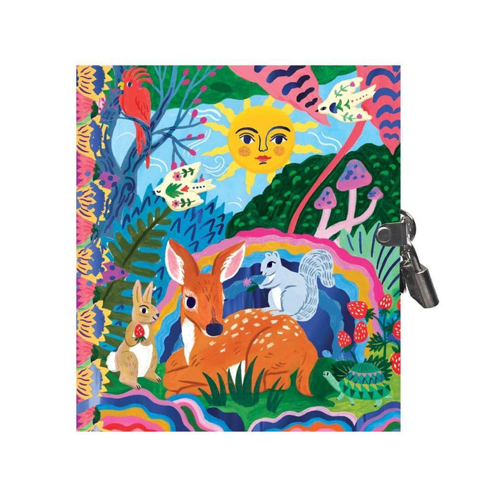 eeBoo Fawn & Sun Journal with foil-stamped cover featuring forest animals, sun, and mushrooms; includes 176 lined pages, lock, and two keys