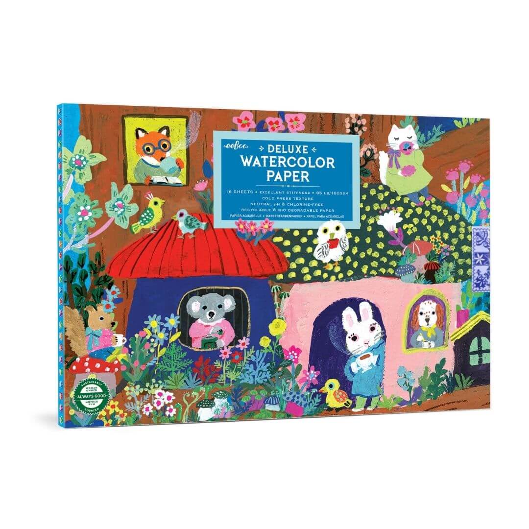 eeBoo Deluxe watercolor paper set with animal illustrations on a colorful background