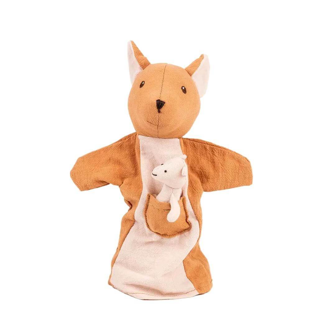 Egmont Toys soft cotton kangaroo hand puppet with embroidered features and a removable baby joey tucked inside its pouch, designed for imaginative storytelling and pretend play - Bella Luna Toys