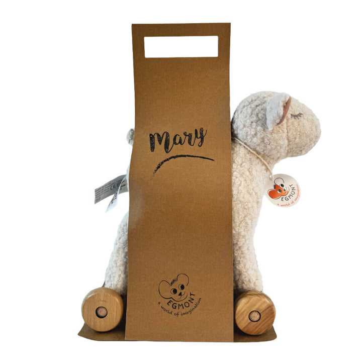 Soft plush Mary the Lamb pull-along toy from Egmont Toys with a white fleece body, wooden wheels, and a pull cord, designed for toddlers to enjoy active play shown against a white background.