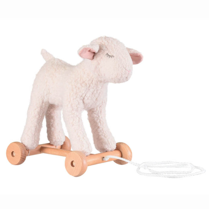 Soft plush Mary the Lamb pull-along toy from Egmont Toys with a white fleece body, wooden wheels, and a pull cord, designed for toddlers to enjoy active play shown against a white background.