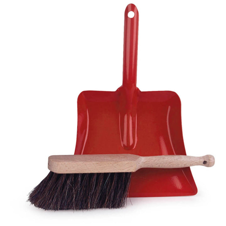 Toddler-sized red dustpan & brush with real bristles for pretend play cleaning shown against a white background.