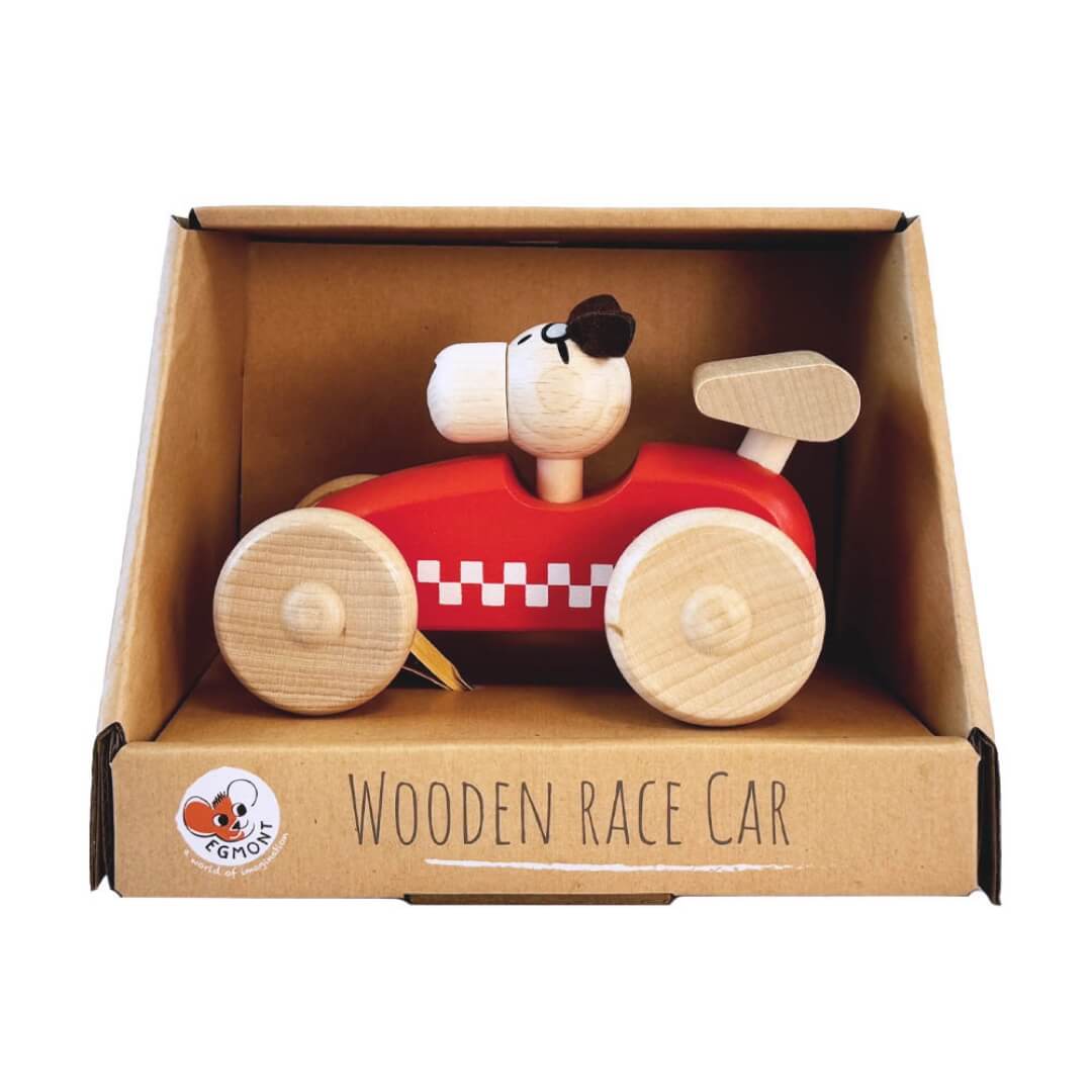 Wooden red race car toy from Egmont Toys with a dog driver, crafted from sturdy wood for imaginative play shown against a white background.