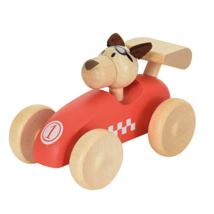 Wooden red race car toy from Egmont Toys with a dog driver, crafted from sturdy wood for imaginative play shown against a white background.