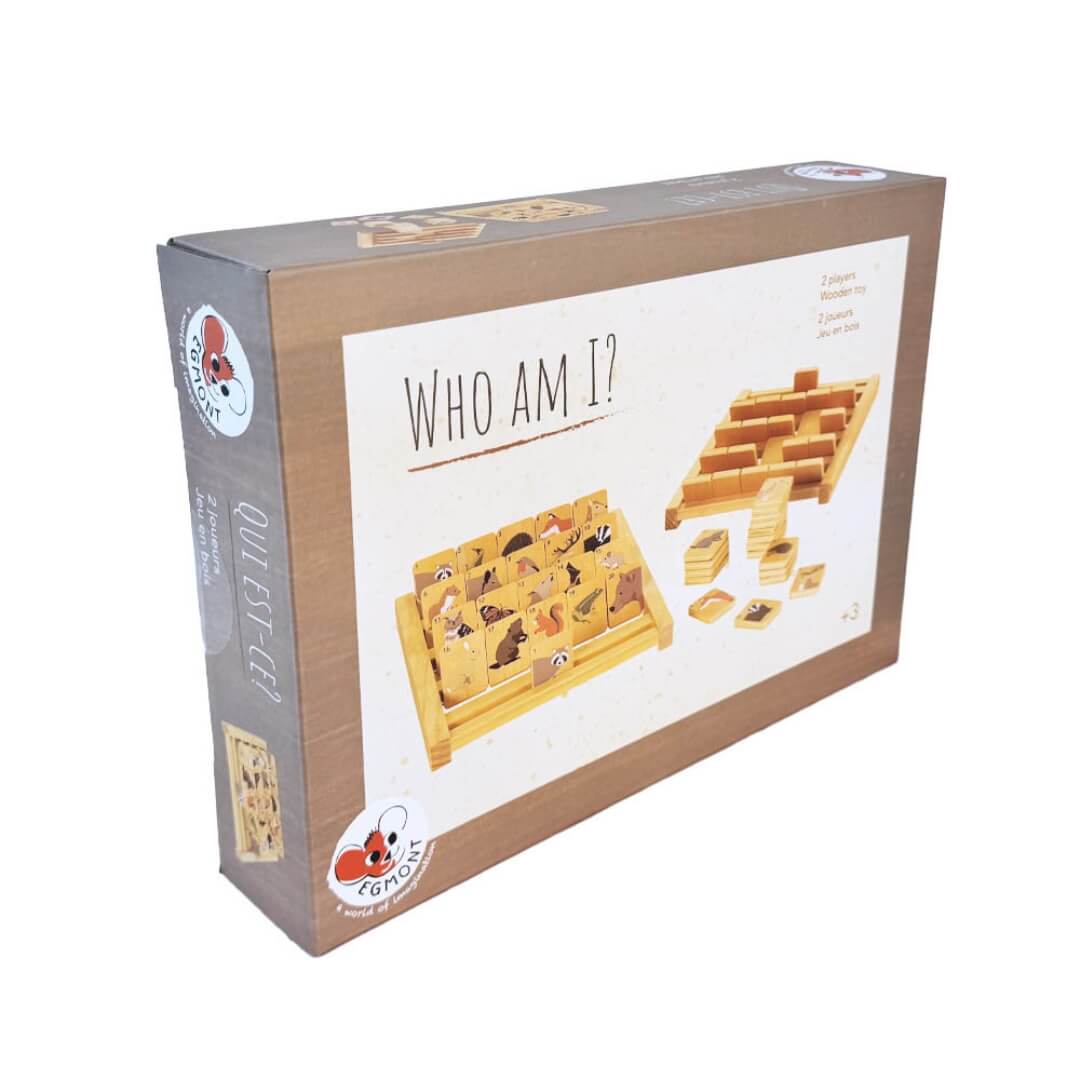 The box image of the wooden Who Am I? guessing game by Egmont, featuring two wooden boards with flip-up tiles depicting animals, along with illustrated animal pieces.