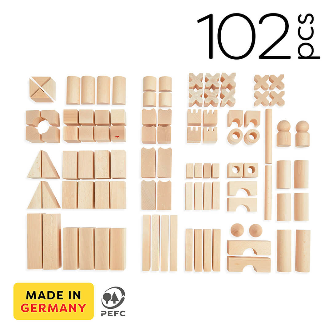 Basic Building Blocks 102 Piece Extra Large Wooden Starter Set includes 102 wooden building blocks in various shapes. Made in Germany.  PEFC certified.