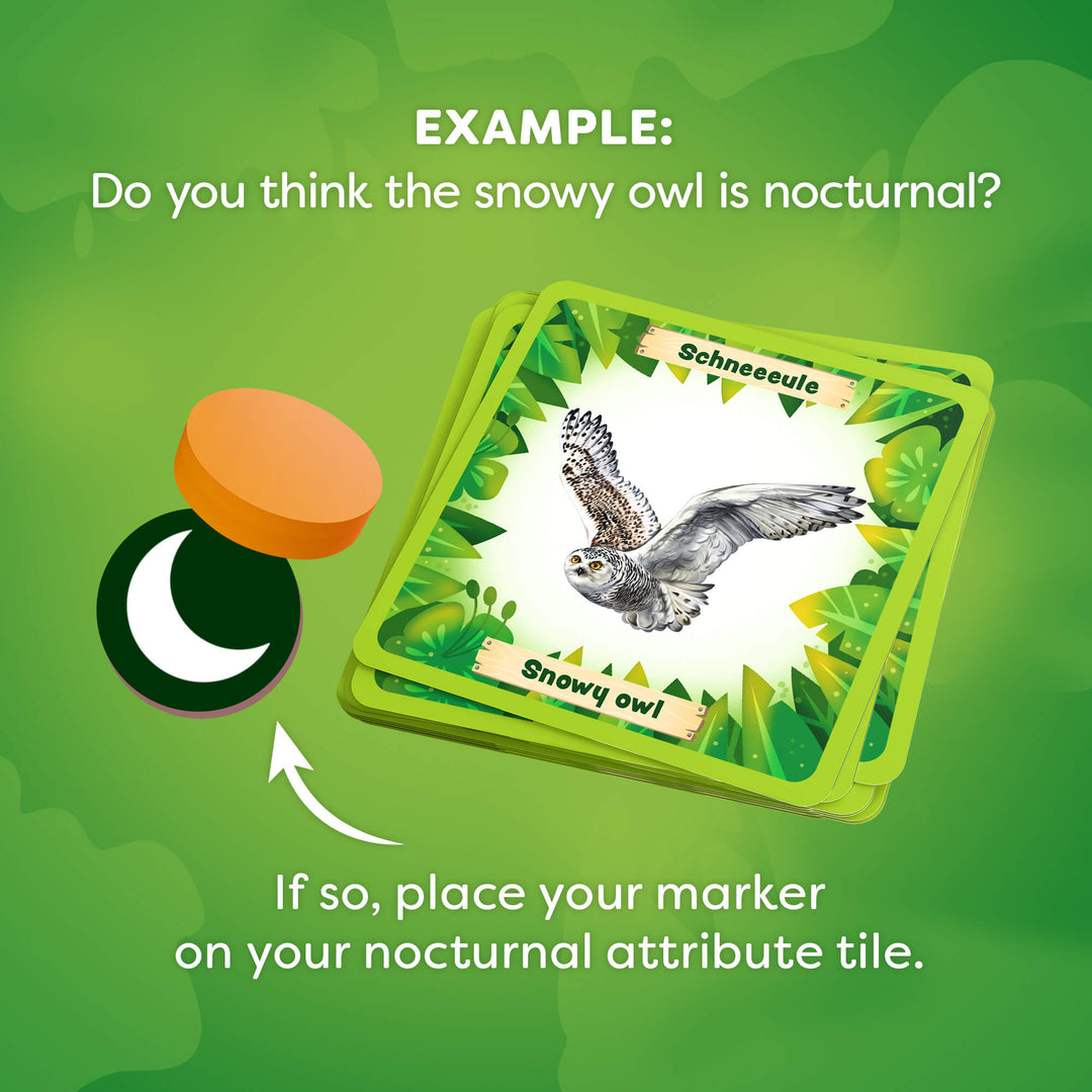Card game component with snowy owl illustration on a green background