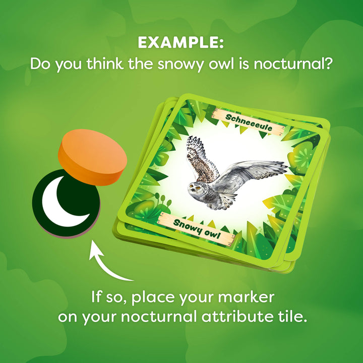 Card game component with snowy owl illustration on a green background
