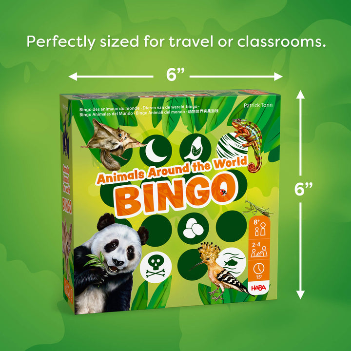 Bingo game box for 'Animals Around the World' on a green background with dimensions indicated.