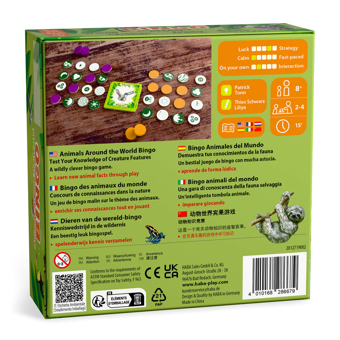 HABA Animals of the World Bingo Board game box with colorful graphics and text on a white background