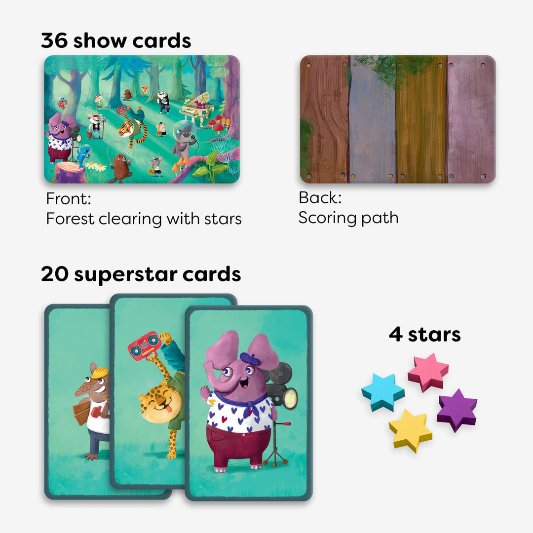 Includes 36 show cards: the front shows a forest clearing with stars and the back is used as a scoring path, 20 superstar cards, and 4 wooden star pieces