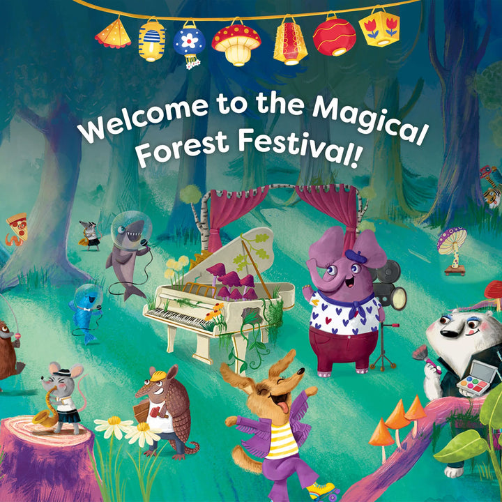 Animals celebrating a festival in a colorful forest with musical instruments and decorations with the words "Welcome to the Magical Forest Festival!"