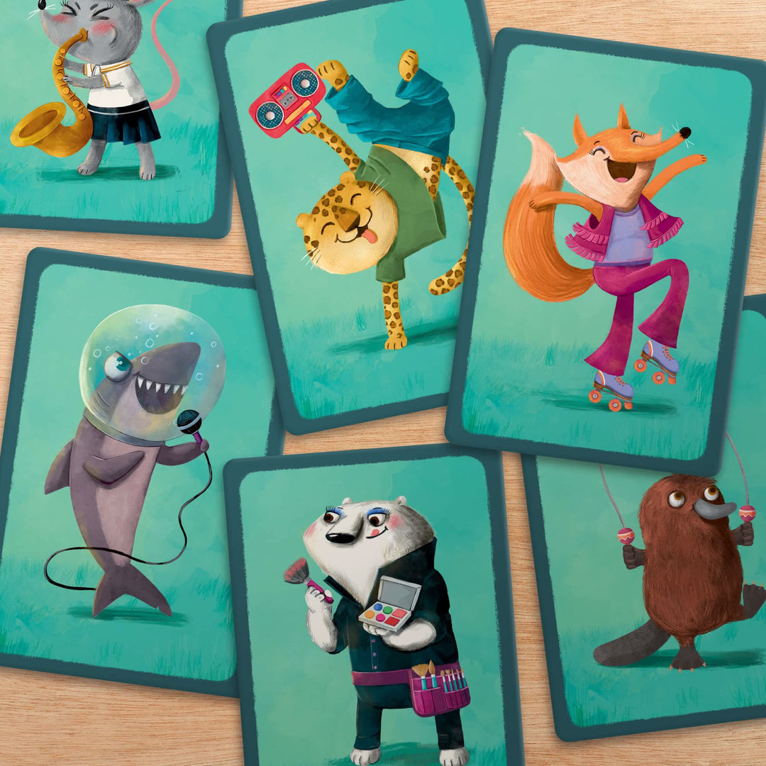 Illustrated cards with playful animals, including a mouse with a saxophone, a leopard with a boom box, a roller-skating fox, a singing shark, a makeup-applying polar bear, and a jump-roping platypus.
