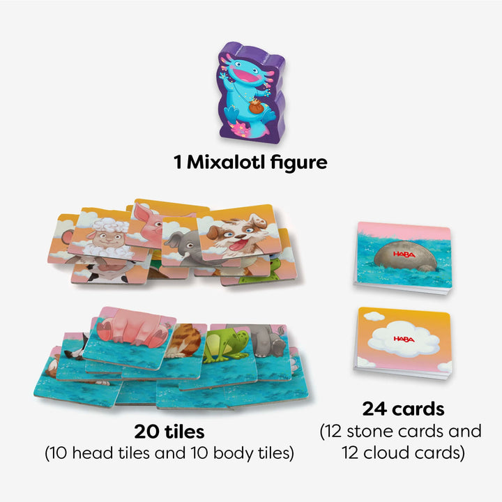 Game components with a Mixalotl figure, 20 animal tiles, and 24 cards.