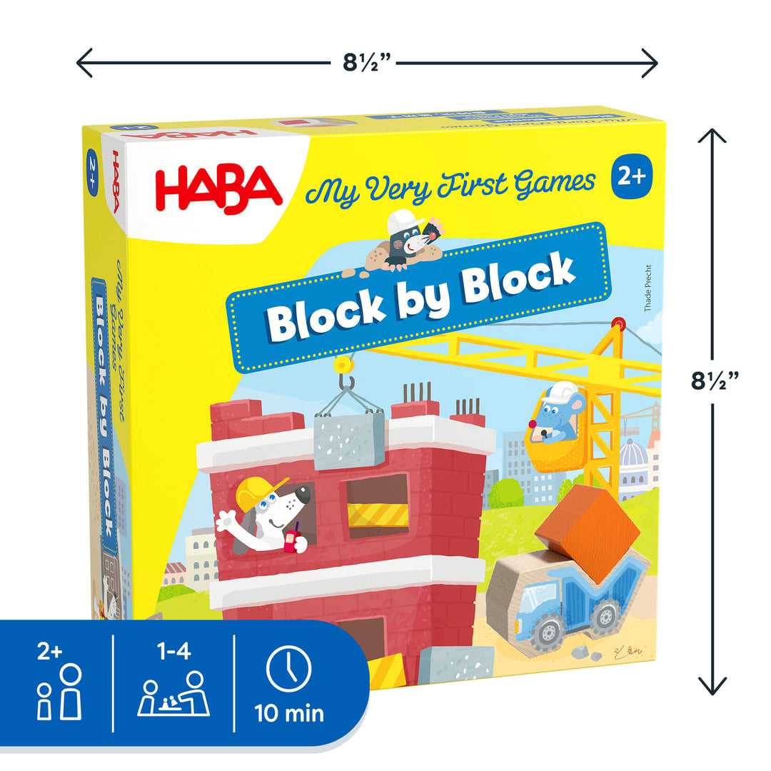 HABA 'Block by Block' game box with 8.5" x 8.5" dimensions and gameplay details on a white background